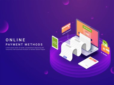 İzometrik, online ödeme seçeneği veya yolları kavram. Kartı, net bankacılık ve e-cüzdan ve ödeme makbuzu tarafından Internet ödemeler. Güvenli para transferi. Dizüstü bilgisayar aygıt.