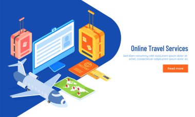 Duyarlı açılış sayfası veya web şablonu tasarım 3d çizim bir uçak, bilgisayar, pasaport, sırt çantası ile online seyahat hizmetleri kavramı dayalı.
