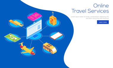 Web sitesi veya online seyahat hizmetleri için birden çok seçenek sunan bilgisayar izometrik görünümü ile mobil uygulamalar yanıt veren kahraman banner tasarımı.