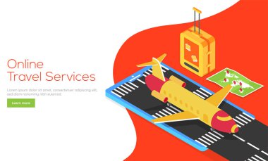 E-bilet rezervasyon App harita ve Online seyahat hizmetleri açılış sayfası için sırt çantası ile smartphone içinde izometrik tasarım.