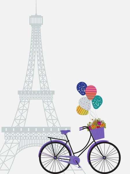 Открытки Дизайн Шаблона Эйфелевой Башней Фиолетовым Велосипедом Пространством Вашего Сообщения — стоковый вектор