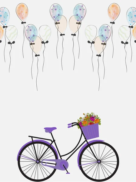 Globos Coloridos Decorados Con Diseño Tarjeta Felicitación Blanca Con Bicicleta — Vector de stock