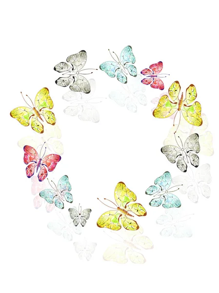 Kreisförmiges Rahmendesign Mit Bunten Schmetterlingen Auf Weißem Hintergrund — Stockvektor