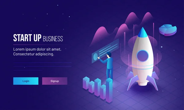 Business Startup Responsivo Landing Page Design Banner Herói Com Ilustração —  Vetores de Stock