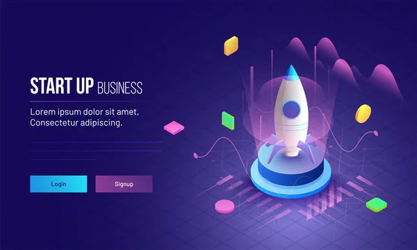 Illustrazione Razzo Con Elementi Infografici Raggi Ultravioletti Business Startup Concept — Vettoriale Stock