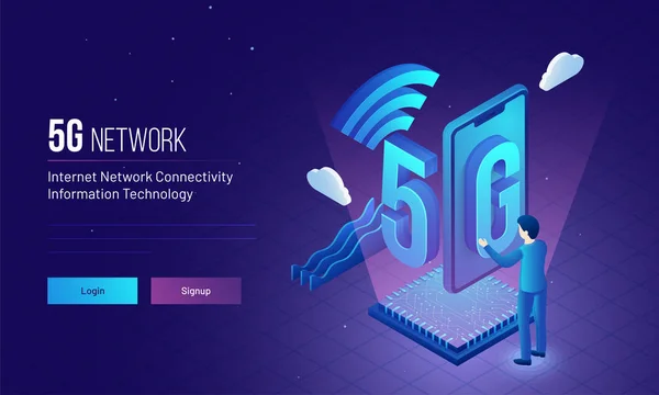 Responsive landing page design with isometric illustration of an engineer or developer establish wireless 5g network for internet network connectivity concept.