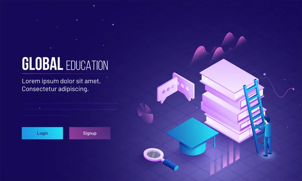 Global Education Landing Page Imagem Herói Com Ilustração Homem Subindo — Vetor de Stock