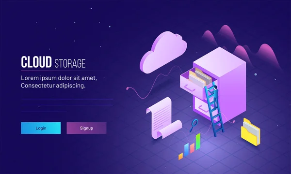 Design Landing Page Baseado Armazenamento Nuvem Com Visão Arranha Céu —  Vetores de Stock