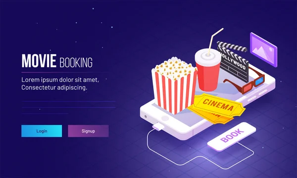 Isometrische Weergave Voor Responsieve Landing Paginaontwerp Met Fast Food Cinema — Stockvector
