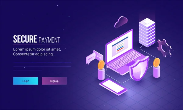 Pago Seguro Concepto Isométrico Landing Page Para Plantilla Web Con — Archivo Imágenes Vectoriales