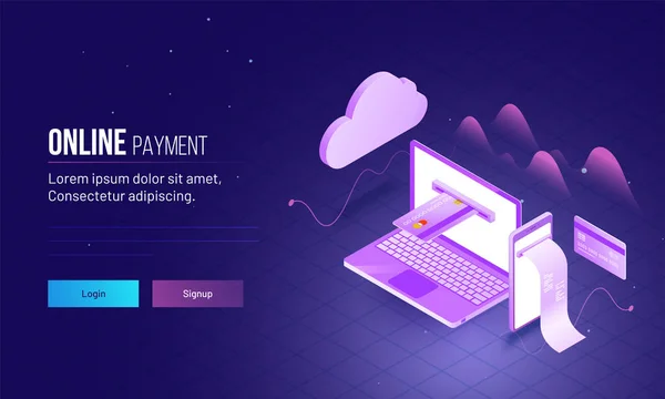 ランディング ページのデザインのラップトップの等角図で対応 スマート フォン クレジットまたはデビット カード オンライン決済コンセプト — ストックベクタ