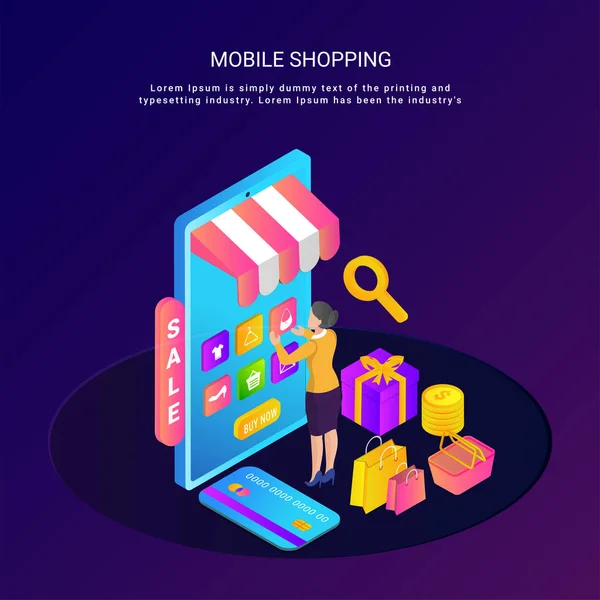 Isometric Shopping Mobile Concept Woman Selecting Items Purchase Sale Offer — Stock Vector