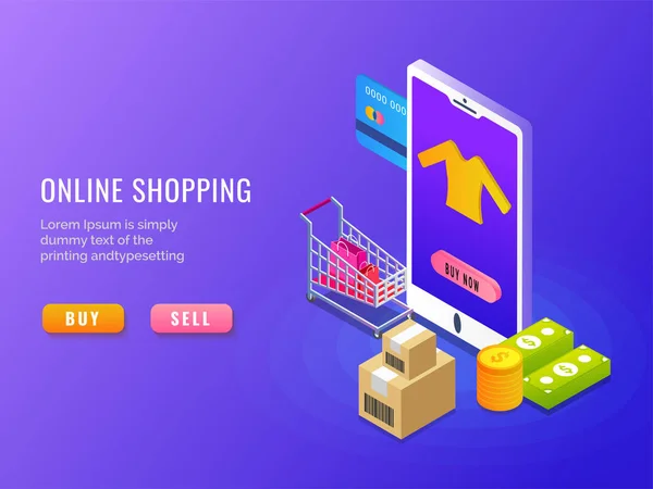 Compras Línea Concepto Isométrico Aplicación Móvil Diseño Landing Page Con — Archivo Imágenes Vectoriales