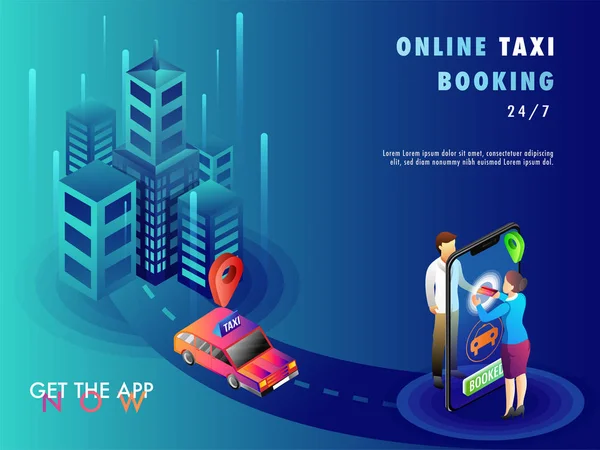 Isometric Illustration People Booking Cab Using Mobile App Map Navigation — Stock Vector