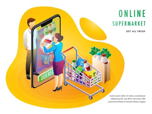 Онлайн Супермаркет Продуктовый Супермаркет Онлайн Магазином Экране Смартфона Продуктовыми Продуктами — стоковый вектор