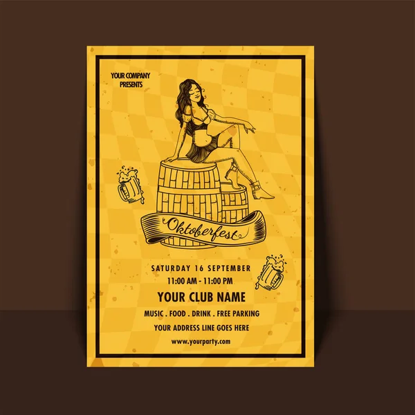 Vintage Στυλ Oktoberfest Σχεδιασμό Κάρτα Πρόσκληση Εικονογράφηση Νεαρό Κορίτσι Που — Διανυσματικό Αρχείο