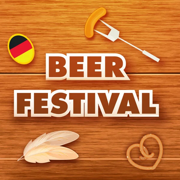 Bira Festivali poster ya da sosis ahşap doku zemin üzerine çatal, simit, tüyler ve Almanca bayrak renk çıkartması ile banner tasarımı.