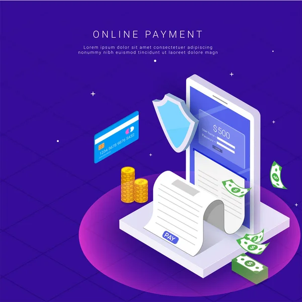 App konseptinden izometrik, online ödeme. Kartı ve ödeme makbuzu tarafından Internet ödemeler. Para transferi para yığını ile güvenli ve para birimi notları banka.