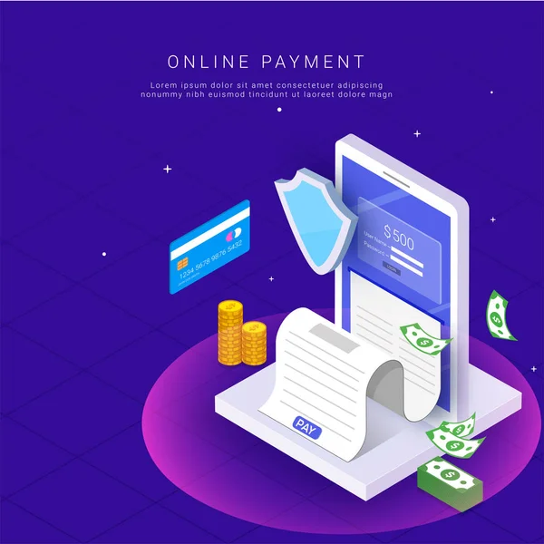 等尺性 オンライン決済アプリのコンセプトから カードおよび領収書によってインターネットの支払い コインのスタックで金の転送をセキュリティで保護し 紙幣を銀行 — ストックベクタ
