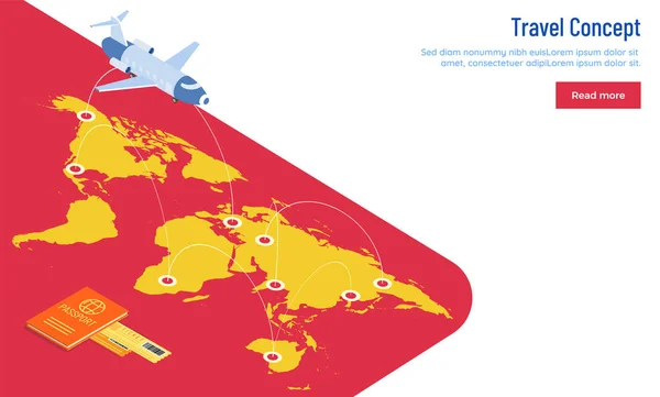 Vista Rascacielos Avión Volando Sobre Diferentes Puntos Destino Landing Page — Vector de stock