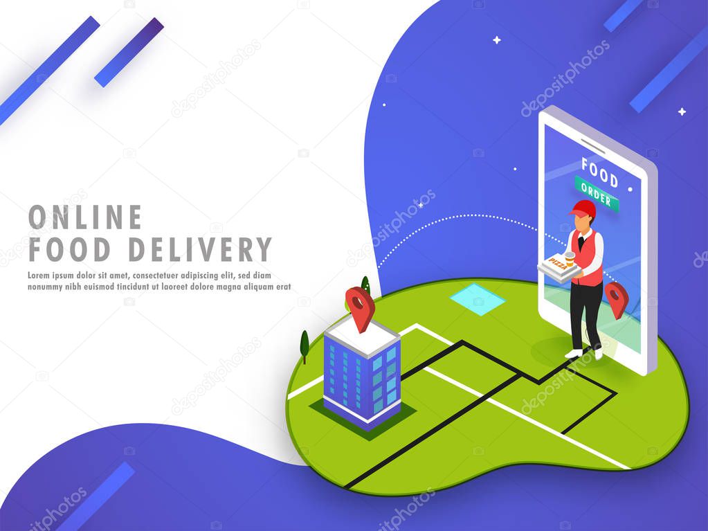 Online food delivery concept with the delivery boy heading to the destination with help of map navigation to the destination point. Food app concept. Landing page design for advertisement.