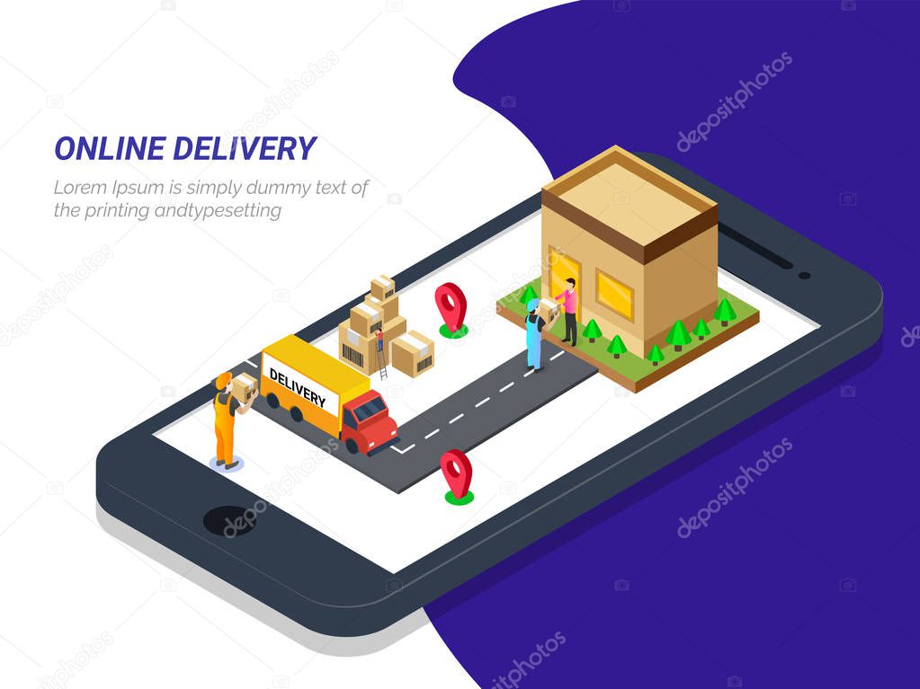 Online delivery, isometric concept, mobile app or landing page design with delivery vehicle, and courier boy delivering at destination point, map navigation on a smart phone screen. Can be used for advertisement, infographic, game or mobile apps icon
