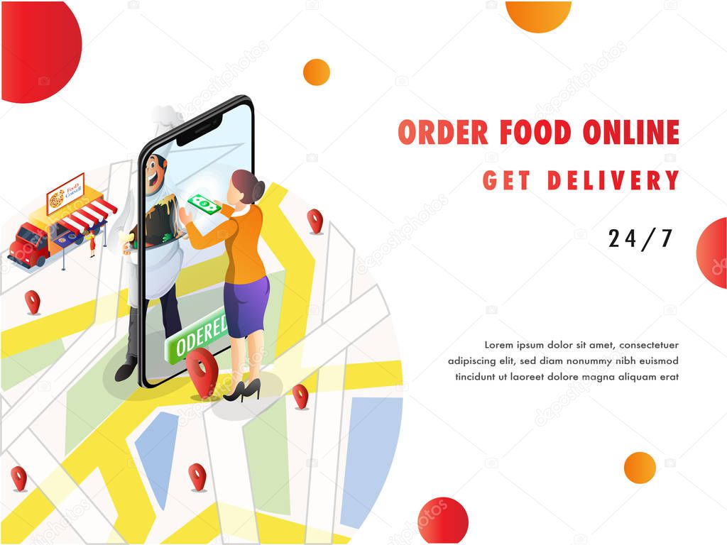 Online shopping, isometric concept, food mobile app open on a smartphone screen, online delivery with map navigation to the destination point. Showing fresh and fast delivery from restaurant. 