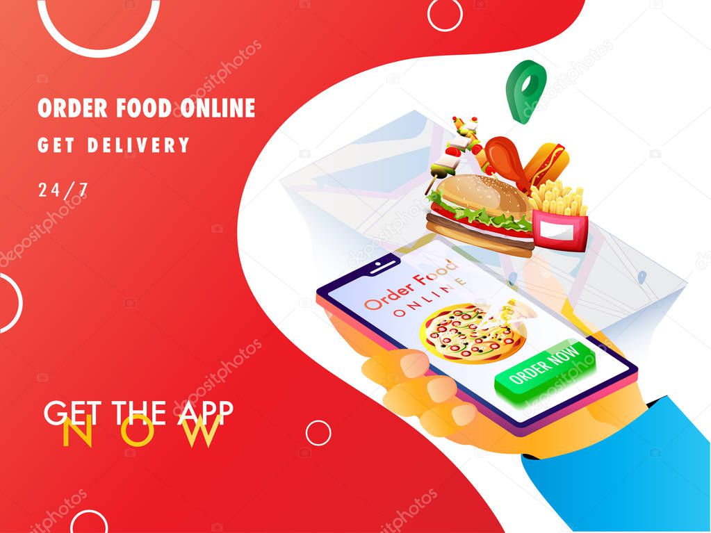 Online shopping, isometric concept, food mobile app open on a smartphone screen, online delivery with map navigation to the destination point. Landing page design for advertisement.