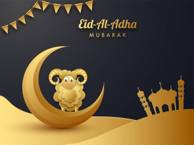 Hilal ay ve Camii kiraz kuşu bayrak Eid Al Adha festival kutlaması için süslenmiş siyah arka plan üzerine koyun resmi stil parlak altın kağıt kesme.