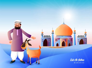 Keçi hayvan Festivali kutlama kavramı için çöl peyzaj üzerinde cami önünde bir adam çizimi ile İslam Festivali Eid Al Kurban Bayramı mübarek arka plan.