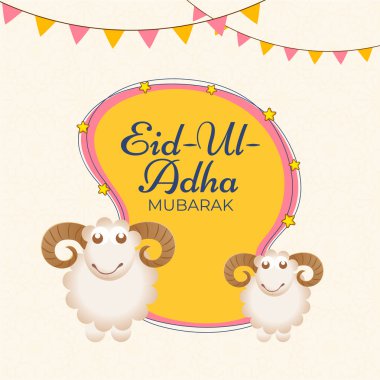 Eid Ul Adha (kurban Festivali) kutlama kavramı ile koyun hayvan illüstrasyon kiraz kuşu bayrağı tebrik kartı tasarım süslenmiş