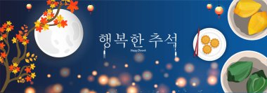 Başlık sayfası veya poster tasarım, Kore dilinde metin mutlu Chuseok tatlı pasta songpyeon, tanımlama bilgileri, dolunay ve mavi bokeh arka plan üzerinde sonbahar ağacı.