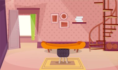 Modern oda iç tasarım ve döner merdiven.