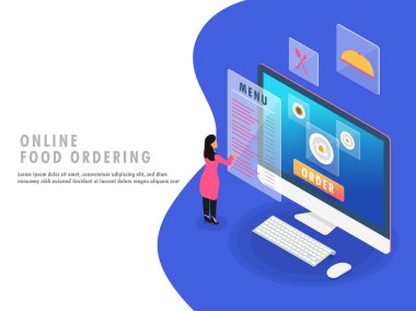 Online yemek siparişi kavramı, menü ve bilgisayar aracılığıyla yerleştirilmiş sipariş gıda öğeleri seçme Bayan karakter için izometrik çizimde.