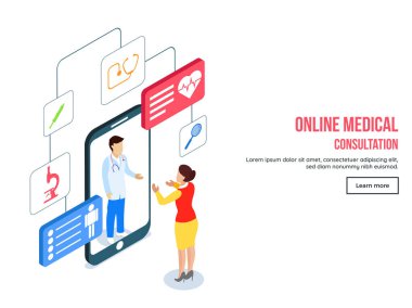 Duyarlı açılış sayfası tasarımı farklı tıbbi malzeme Hizmetleri uygulamaları sağlık kavramı ile online tıbbi danışma izometrik manzaralı.