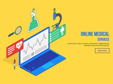 Sayfa tasarımı farklı tıbbi ekipman, hizmet ve dizüstü izometrik görünümü ile sarı zemin üzerine iniş online tıbbi hizmet.