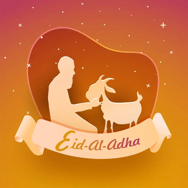 Paper cutout style illustration of Muslim man with goat animal and ribbon Eid Al Adha on beautiful shiny background for celebration of Muslim community festival.