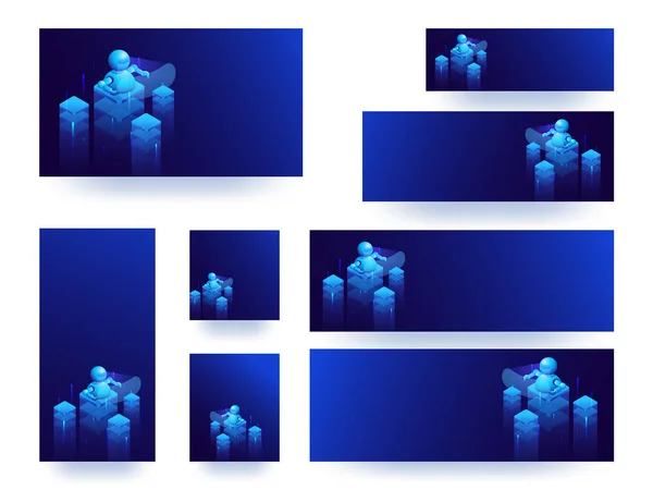 Блестящий Синий Баннер Набор Шаблонов Изометрическим Представлением Робота Строительных Блоках — стоковый вектор