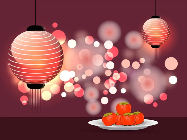 Chuseok Festival Celebração Fundo Com Ilustração Persimmons Fruta Lanterna Chinesa —  Vetores de Stock