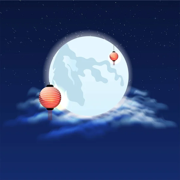 Fondo Noche Luna Llena Decorado Con Linterna China Para Festival — Vector de stock