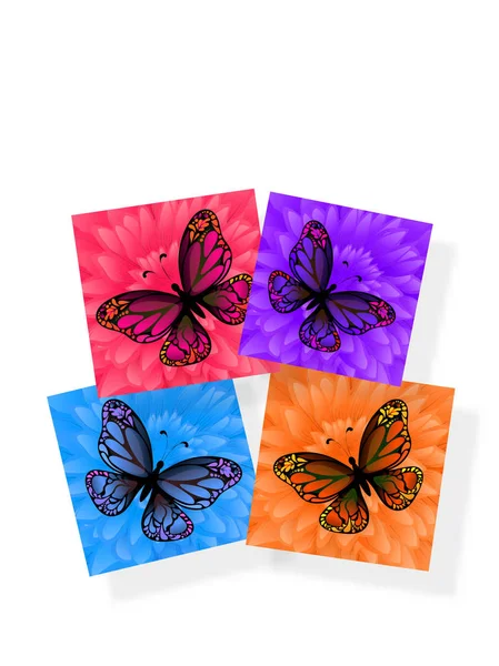 Cuatro Pegatinas Coloridas Con Ilustración Mariposas Sobre Fondo Blanco — Vector de stock