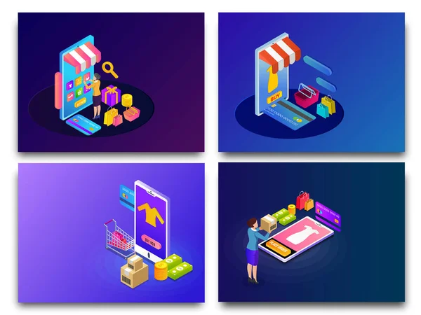 Set Four Isometric Online Shopping Designs Shopping App Smartphone Payment — Stock Vector