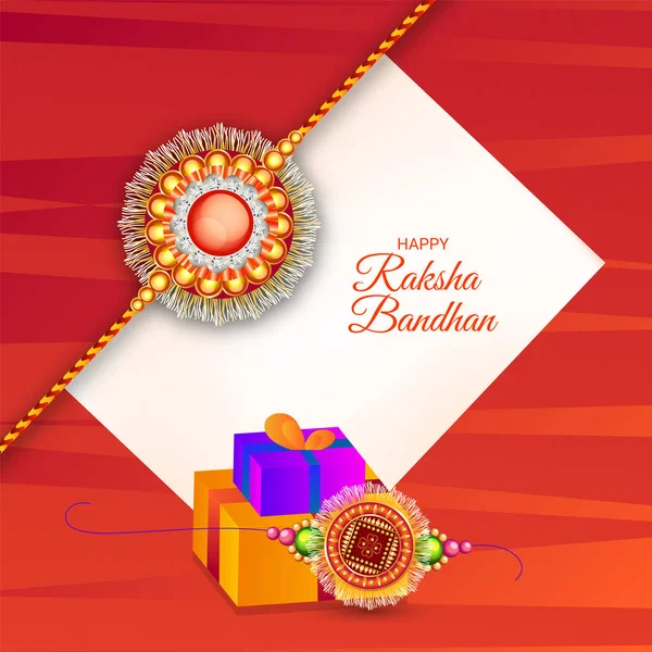 Hermoso Rakhi Pulsera Cajas Regalo Decoradas Sobre Fondo Textura Roja — Archivo Imágenes Vectoriales