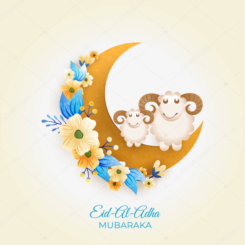Shiny greeting card design with illustration of sheep on golden crescent moon decorated with colorful flower for celebration of Eid Al Adha festival. 