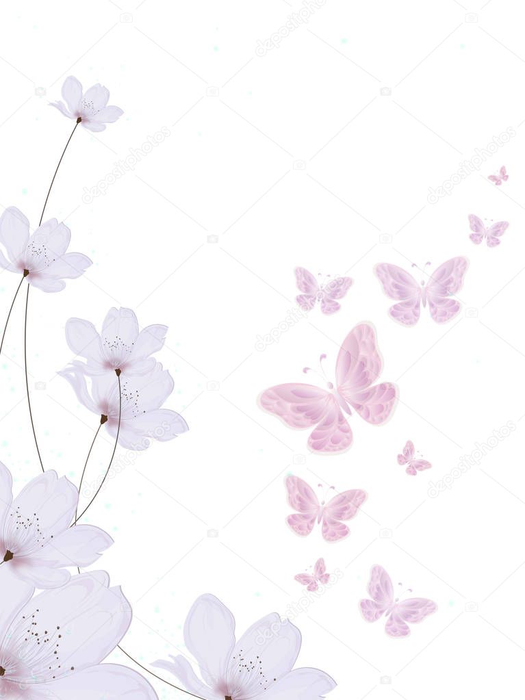 White cherry flowers with butterflies decorated on white greeting card design.