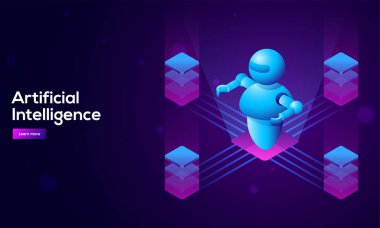 Robot 3D izometrik çizimde yapay zeka (AI) dönemi, modern teknoloji kavramı için dört parlayan bloklar arasında.