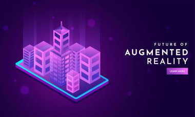 İzometrik kavramı, fütüristik Augmented Reality açılış sayfası tasarımı duyarlı için smartphone ekranında illüstrasyon inşaat kentsel.