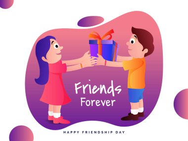 Zaman zaman mutlu dostluk günü kutlama, kız için bir hediye kutusu veren bir çocuk resmi.