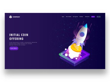 Açılış sayfası tasarımı roket ICO simge başlatılması, izometrik çizim ile ilk madeni para sunan (ICO) başlangıç Konsept dayalı.
