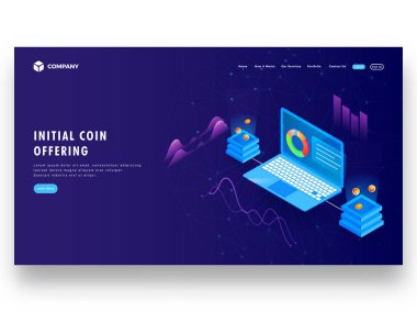 İzometrik çizimde kripto sunucular için ilk para sunan (ICO) kavramı ile bağlı dizüstü açılış sayfası tasarımında temel.